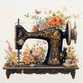 a vintage ornate designer sewing machine with flowers generative AI Royalty Free Stock Photo