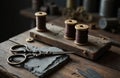 Vintage ornate scissors, brown thread spools on old wood table surface. Rustic crafting tools for tailoring work displayed in Royalty Free Stock Photo