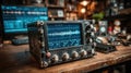 Vintage Oscilloscope Displaying Complex Waveforms on a Wooden Workbench Royalty Free Stock Photo