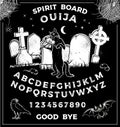 Vintage Ouija Board with Halloween Cat Playing Violin Poster. Occultism Set. Vector Illustration