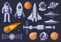 Vintage outer space. Cartoon planet, astronaut space suit and spacecraft vector illustration set Royalty Free Stock Photo