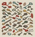 Vintage outline key and lock collection isolated. Vector old isometric keys for doors and cars Royalty Free Stock Photo