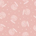 Vintage outline Roses seamless pattern. White flowers on pale pink background. Hand drawn Garden Plants. Floral vector background Royalty Free Stock Photo