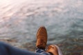 Vintage oxford brown shoes relaxing seaside during the sunshine