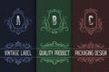 Vintage packaging design with monograms logos. Set of labels templates for quality product Royalty Free Stock Photo