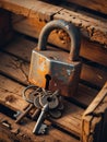 Vintage Padlock and Keys Resting on Weathered Wooden Boards Charming Still Life Royalty Free Stock Photo