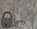 Vintage padlock on a old wooden panel Royalty Free Stock Photo