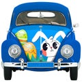 Vintage Painted Beetle Model Car With Rabbit, Easter Egg And Grass Meadow Design Isolated On Transparent White PNG