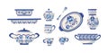 Vintage painting crockery set. Blue porcelain plates, bowls and jar decorated by floral pattern Royalty Free Stock Photo