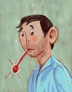 Sick man with a thermometer showing his temperature fighting off a cold during flu season - digital illustration