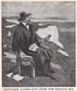 Vintage painting of Tennyson Looks out over the rolling sea on the white cliffs of Freshwater, Isle of Wight. 1809 - 1892