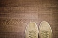 Vintage pair of natural suede sneakers on a wooden floor, top view, with copy space for text. Travel concept Royalty Free Stock Photo