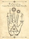 Vintage palmistry symbols on hand Royalty Free Stock Photo