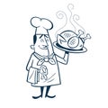 Vintage style clip art inspired by mid-century illustrations - Chef presenting his big roasted chicken on a large plate.