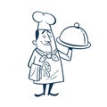 Vintage style clip art inspired by mid-century illustrations - Chef Holding a Plate with a Cloche.