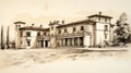 Vintage Panoramic Drawing Of An Antique Mansion In Italy