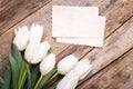 Vintage paper card with tulips on wood background Royalty Free Stock Photo