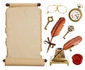 Vintage paper scroll and antique accessories Royalty Free Stock Photo