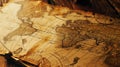 Vintage paper world map on wooden table, old brown worn rare sheet, background for journey theme. Concept of antique, history,