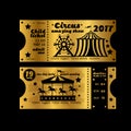 Vintage party invitation. Retro circus carnival ticket template Vector golden tickets isolated on black background Royalty Free Stock Photo