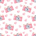 Vintage pastel color retro cameras and hearts watercolor clipart. Seamless pattern digital paper. Handmade illustration