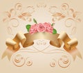 Vintage, pastel, decorative ribbon with flowers, pink roses.Vector. Parchment and papyrus scroll on the ornamental