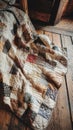 Vintage patchwork quilt on rustic wooden floor in cozy cabin setting Royalty Free Stock Photo