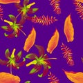 Vintage Pattern Art. Indigo Seamless Illustration. Yellow Pattern Textile. Golden Floral Botanical. Violet Decoration Painting.