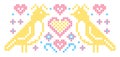 Vintage pattern with birds hearts and flowers in cross stitch style