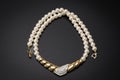 Vintage pearl necklace with diamond studded pendant on rope gold