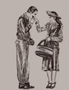 Vintage pen illustration men kissing woman hand