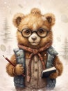 Vintage pencil drawing of a teddy bear dressed in a coat and scarf for the cold Royalty Free Stock Photo