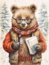 Vintage pencil drawing of a teddy bear dressed in a coat and scarf for the cold Royalty Free Stock Photo