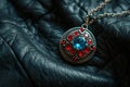 Vintage pendant with blue gemstone on a textured leather background Royalty Free Stock Photo