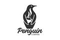Vintage Penguins Silhouette with Coffee Cup for Cafe Logo Design