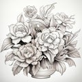 Vintage Peony Flowers In Vase Detailed And Sculptural Black And Gray Drawing