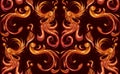 Vintage phoenix seamless pattern with curls and feathers. Wallpaper of orange birds with tails and wings on dark burgundy