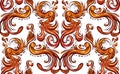 Vintage phoenix seamless pattern with curls and feathers. Wallpaper of orange birds with tails and wings on a white background