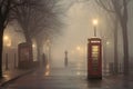 vintage phone booth in a foggy london street scene Royalty Free Stock Photo