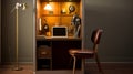 A vintage phone booth transformed into a compact, efficient workspace
