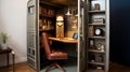 A vintage phone booth transformed into a compact, efficient workspace.