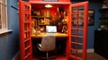 A vintage phone booth transformed into a compact, efficient workspace