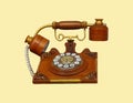 Vintage phone, Wooden telephone isolated on yellow pastel color background with clipping path. Royalty Free Stock Photo