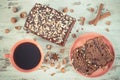 Vintage photo, Black coffee, dark cake with chocolate, cocoa and plum jam, delicious dessert Royalty Free Stock Photo