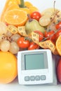 Vintage photo, Blood pressure monitor, fruits with vegetables and centimeter, healthy lifestyle