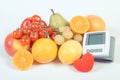 Vintage photo, Blood pressure monitor and fruits with vegetables, healthy lifestyle