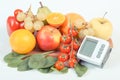 Vintage photo, Blood pressure monitor and fruits with vegetables, healthy lifestyle