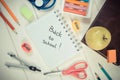 Vintage photo, Book and school accessories on white boards, back to school concept Royalty Free Stock Photo