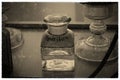 A vintage photo of a bottle with the inscription Spiritus Royalty Free Stock Photo