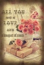 Vintage photo of a bunch of roses and a gift in romantic style with text Royalty Free Stock Photo